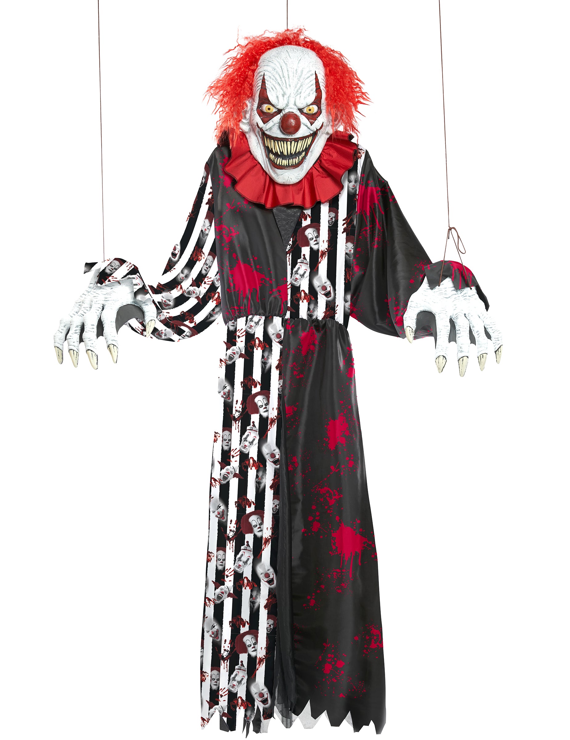 Vue de face avec fils de suspension du déguisement clown terrifiant géant 2 en 1