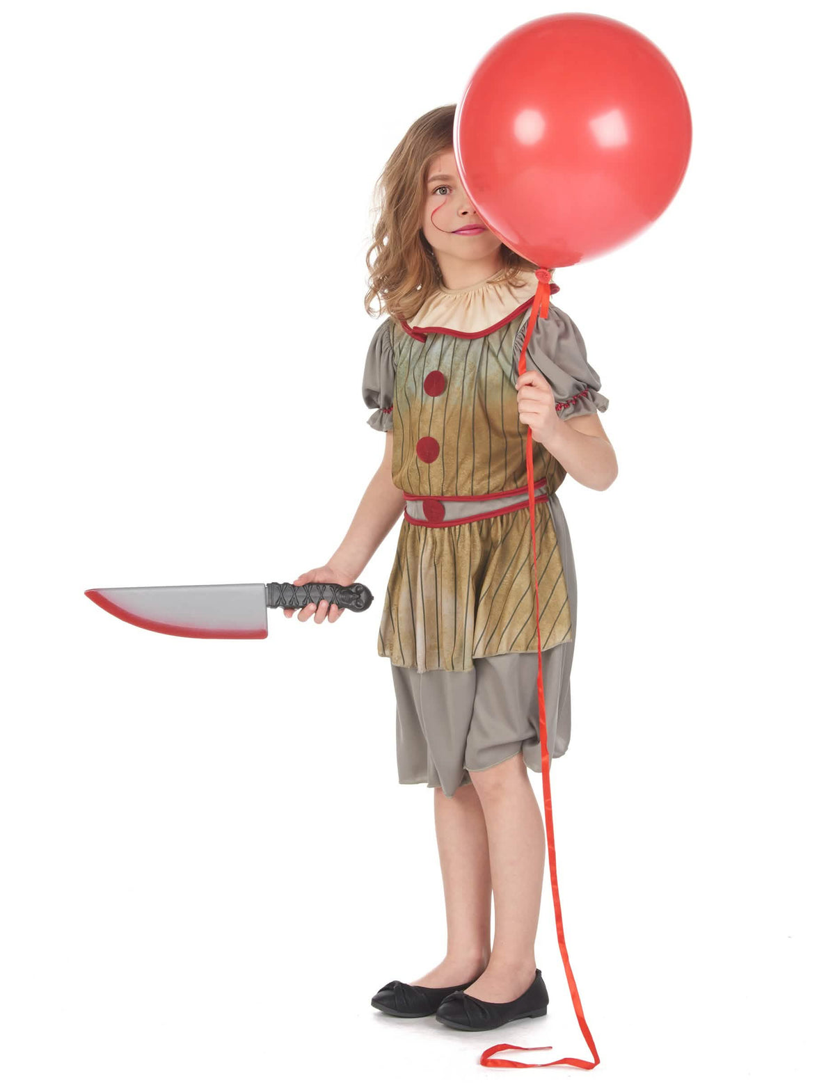červená balon a falešný nůž ke strašidelnému kostýmu klauna