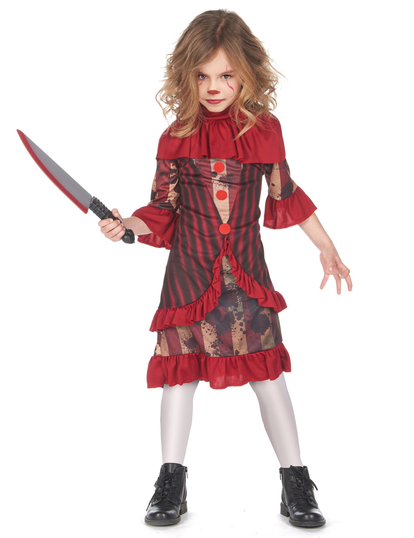 Dívčí kostým strašidelného klauna v červené barvě