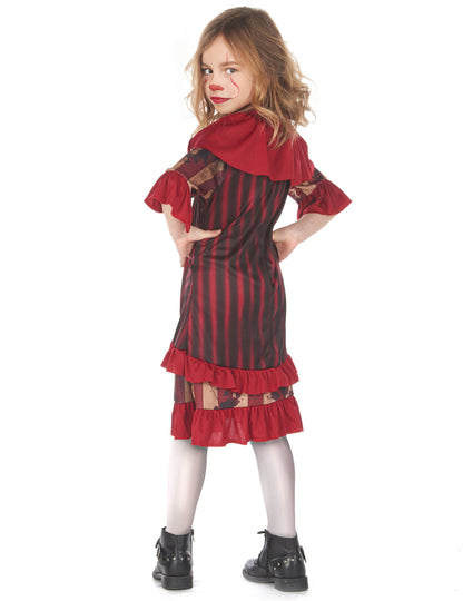 Dívčí kostým strašidelného klauna v červené barvě