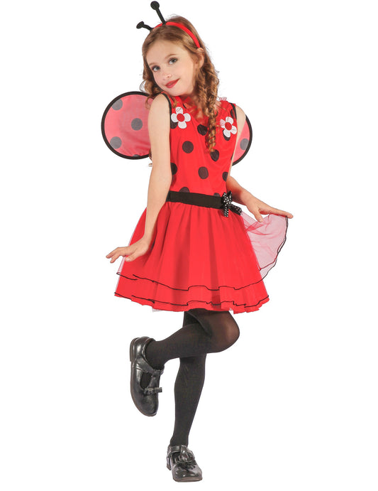 Déguisement Coccinelle fleurs pour fille rouge à pois noirs avec ailes et serre-tête