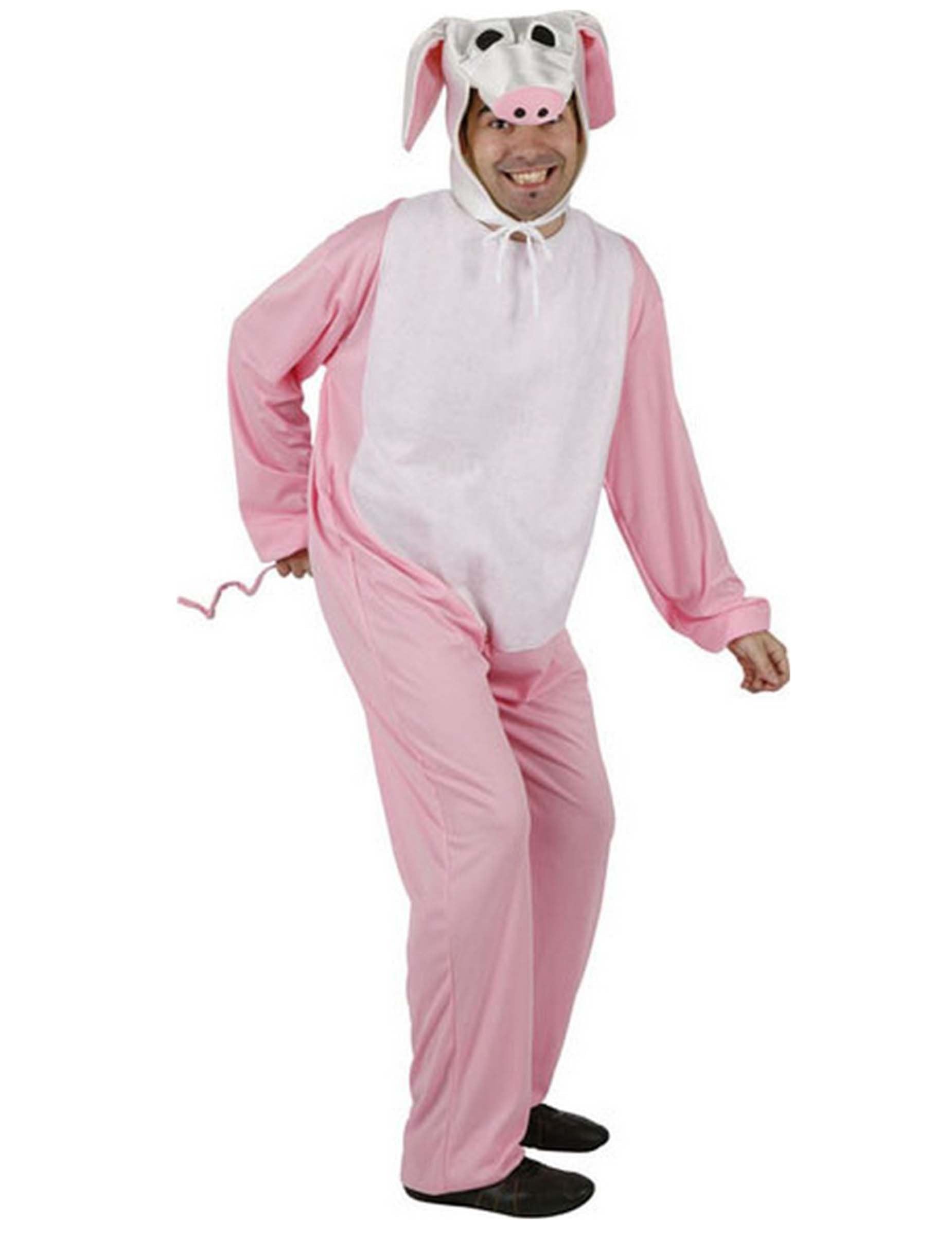 Růžový a bílý kostým prasátka pro dospělé s čepicí