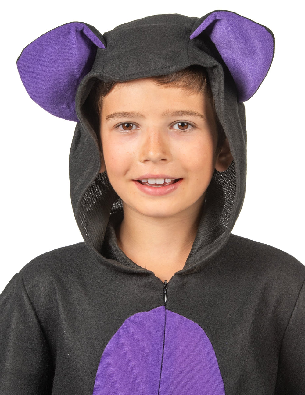 Gros plan sur la capuche à oreilles du déguisement combinaison chauve-souris