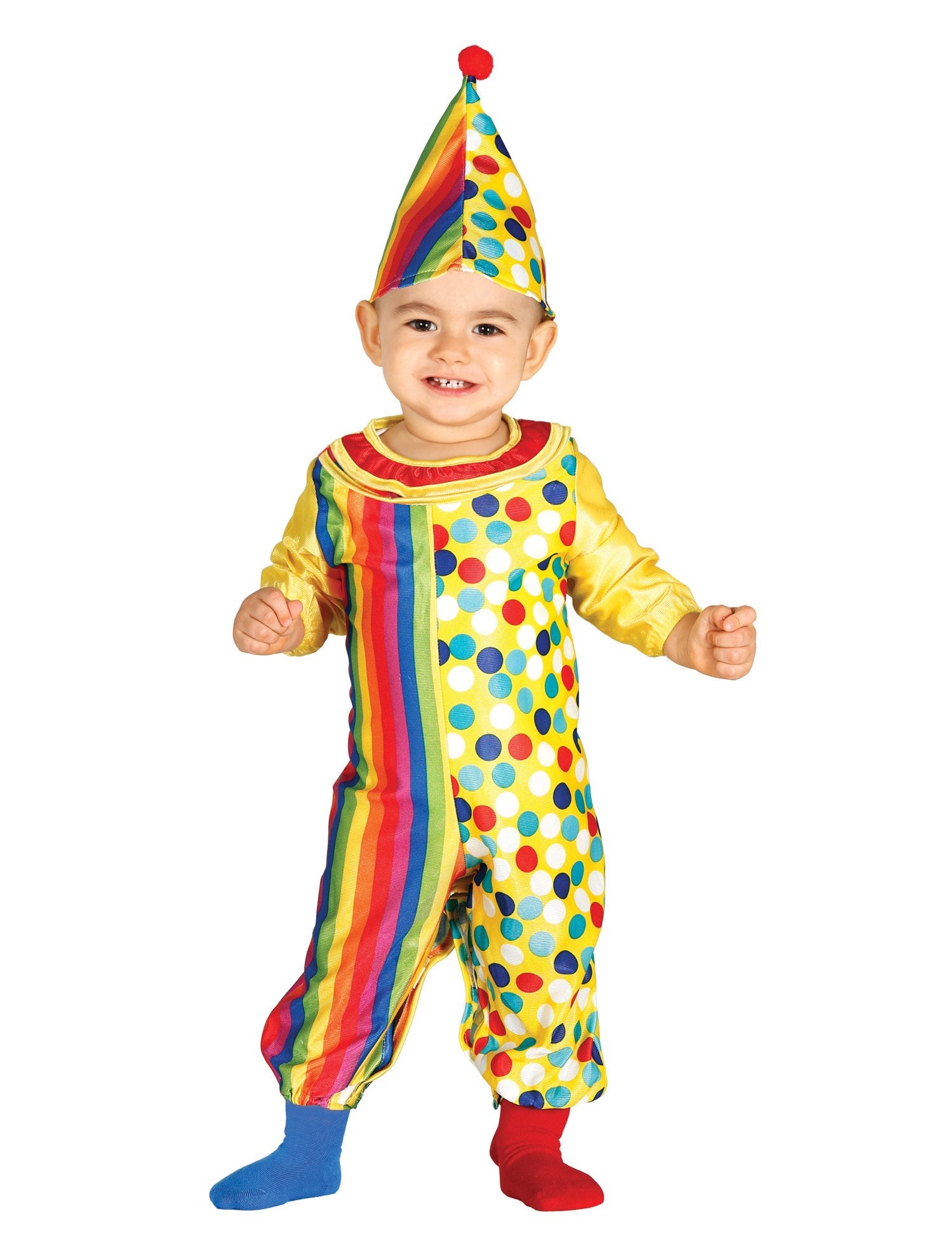 Déguisement combinaison clown pour bébé multicolore à pois et rayures avec chapeau