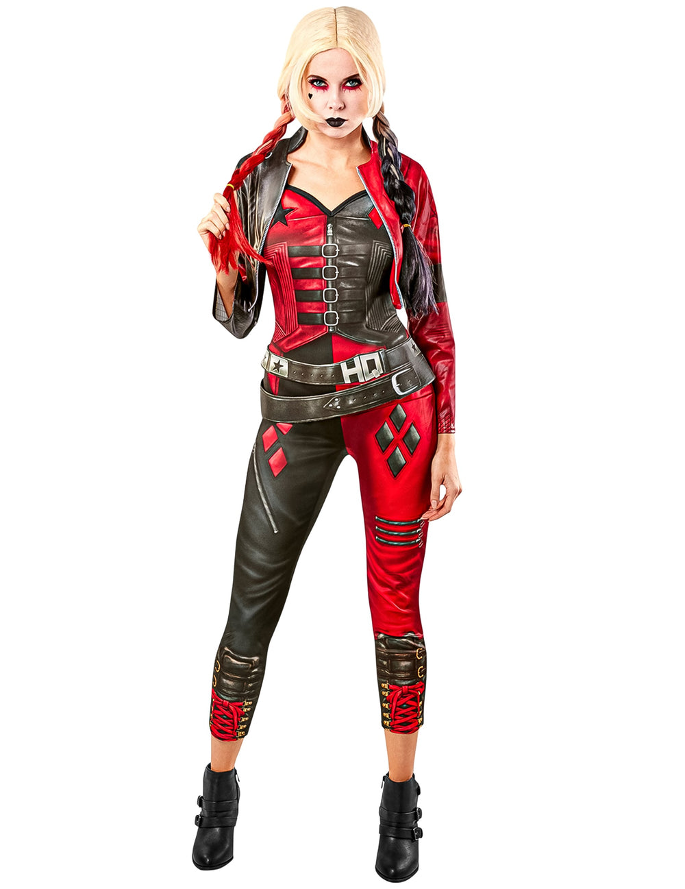 Vue de face du déguisement combinaison Harley Quinn Suicide Squad 2 pour femme