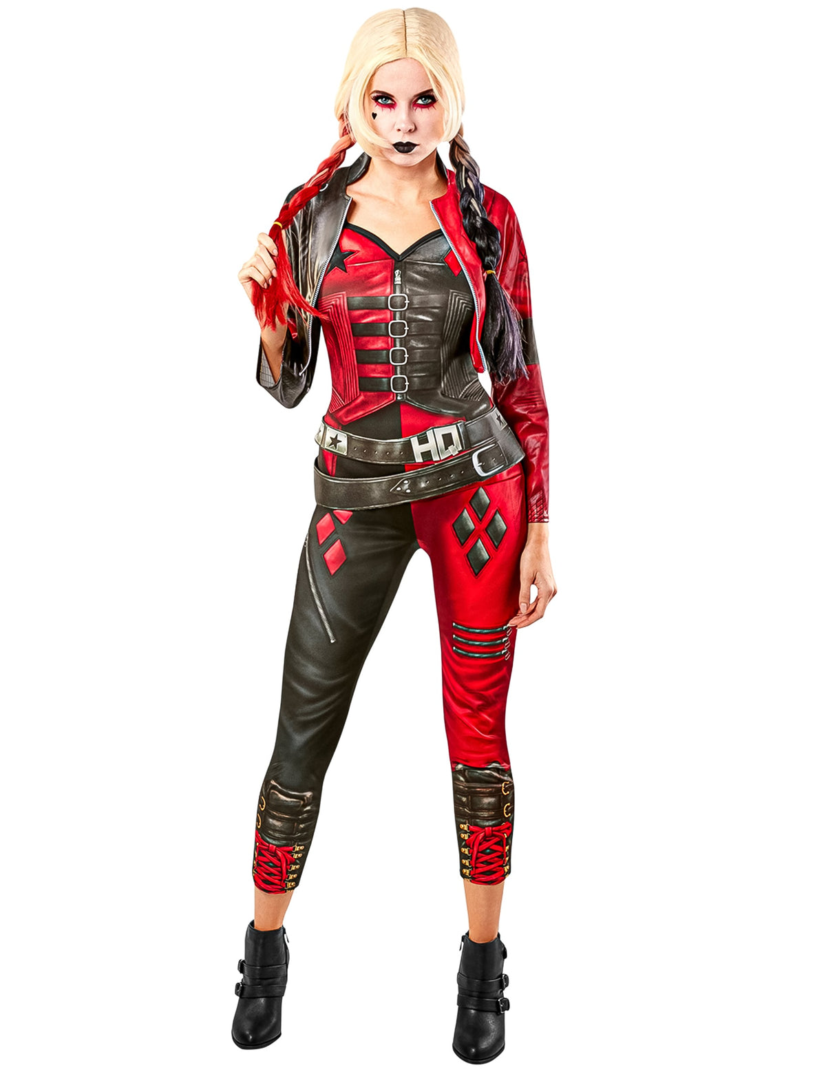 Vue de face du déguisement combinaison Harley Quinn Suicide Squad 2 pour femme