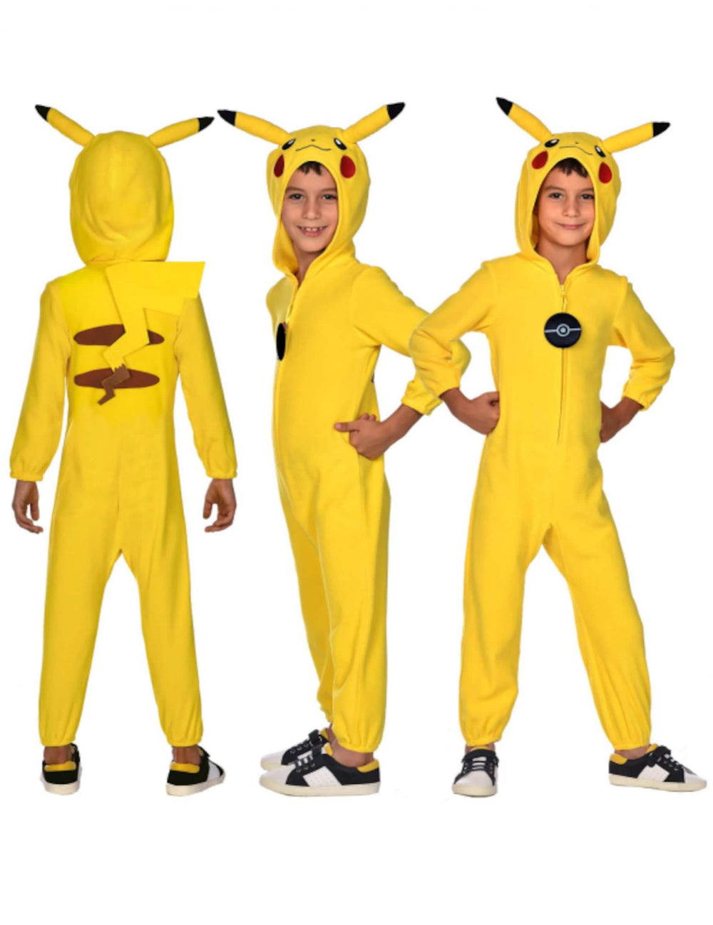 Pohled zepředu, zezadu a z profilu na kostým overal Pikachu Pokémon™