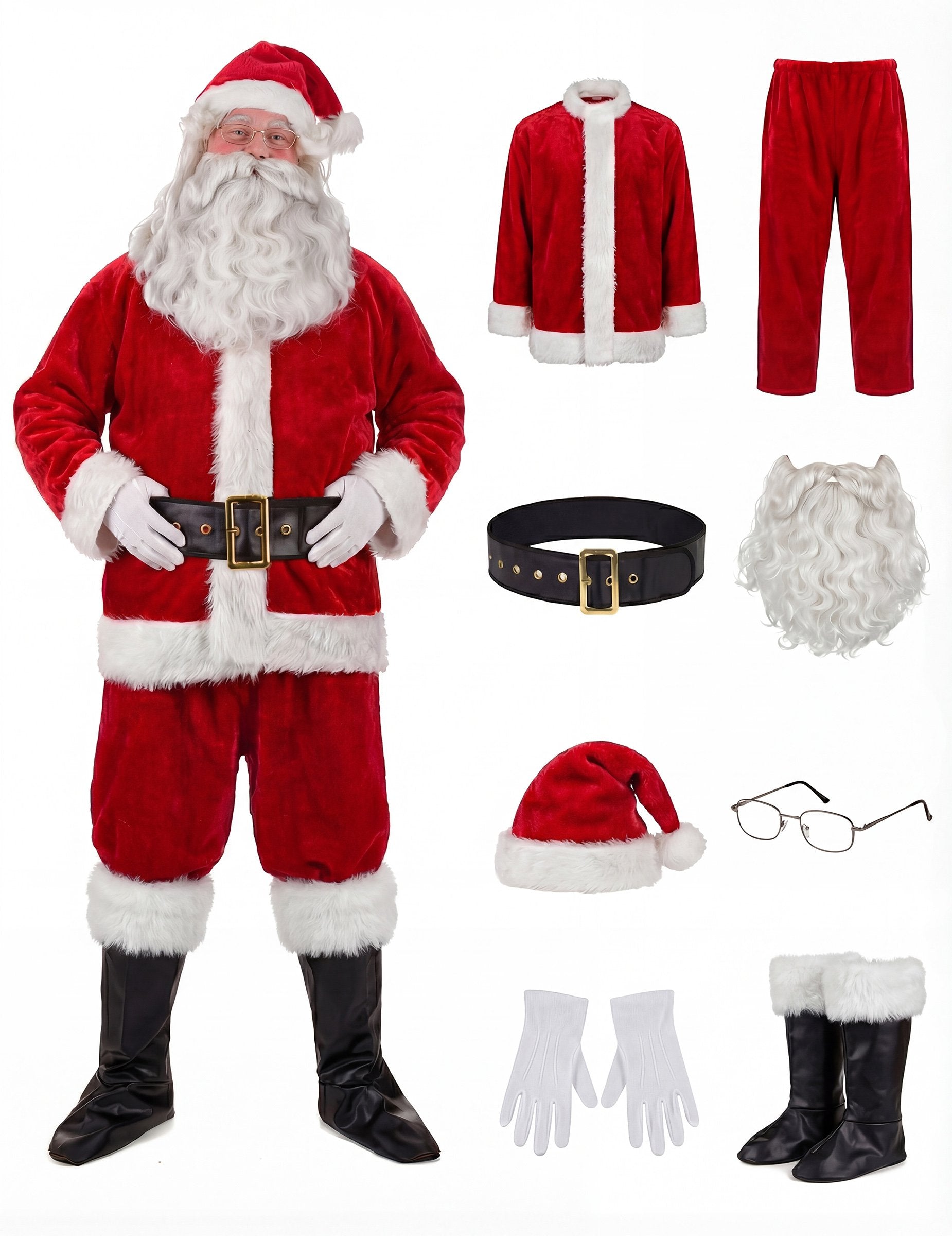 Déguisement complet Père Noël effet fourrure pour adulte rouge et blanc avec accessoires inclus