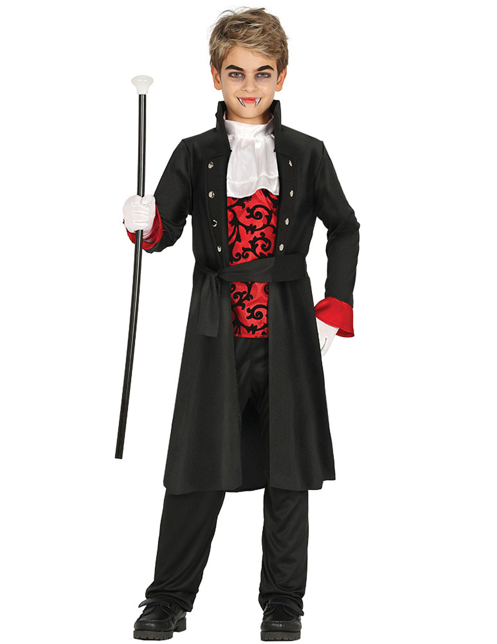 Déguisement comte vampire pour garçon noir et rouge avec gilet à motifs