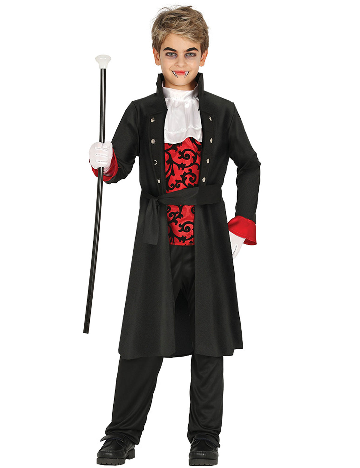 Déguisement comte vampire pour garçon noir et rouge avec gilet à motifs