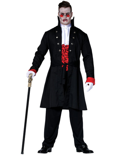 Déguisement de comte vampire pour homme noir et rouge avec long manteau