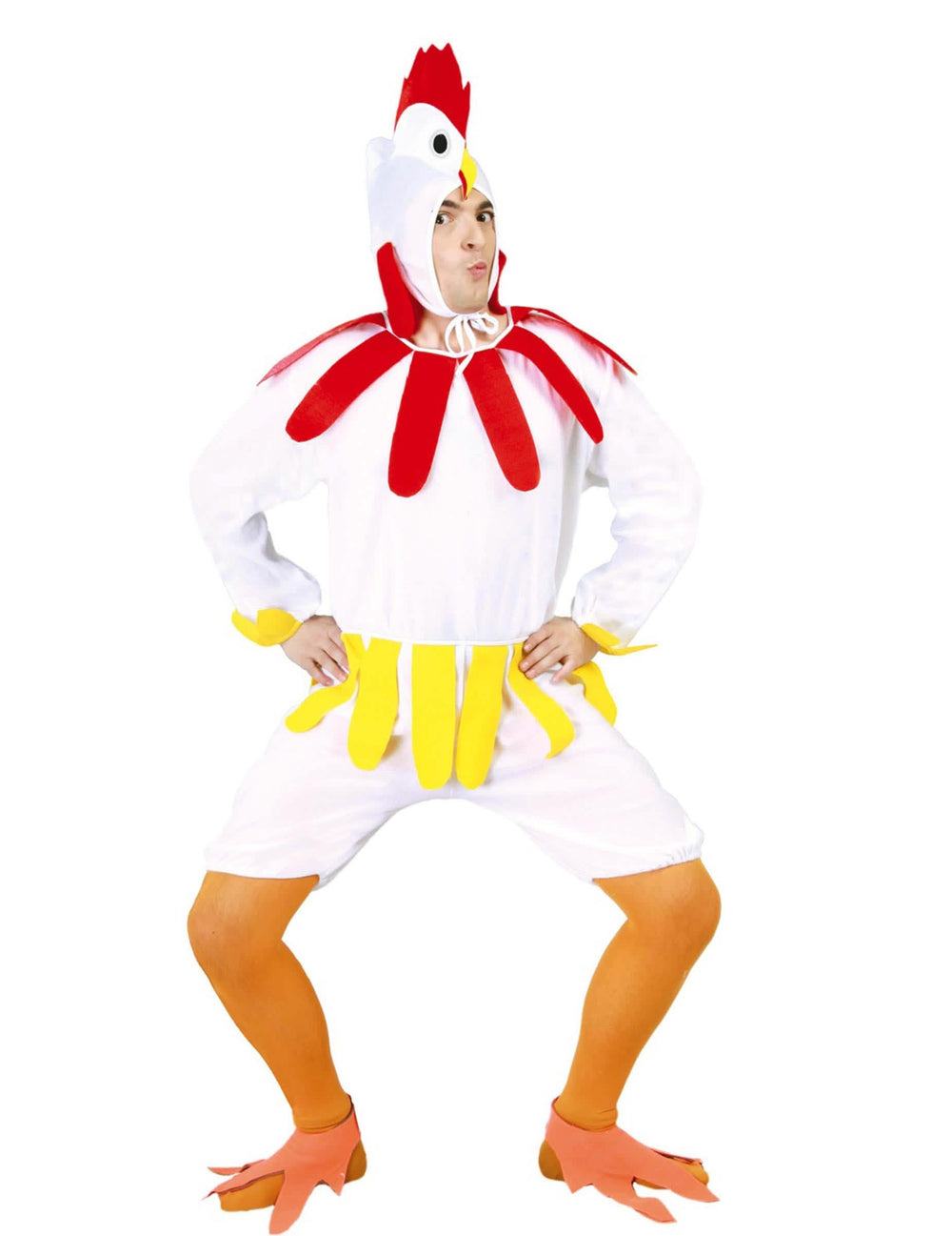 Déguisement de coq pour adulte blanc avec crête rouge et pattes orange