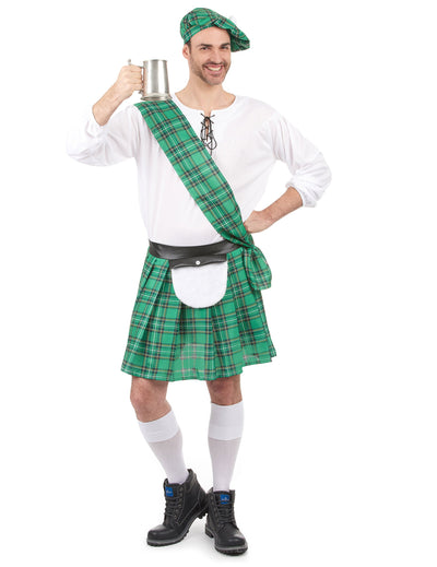 Déguisement Écossais pour homme vert et blanc avec kilt et béret