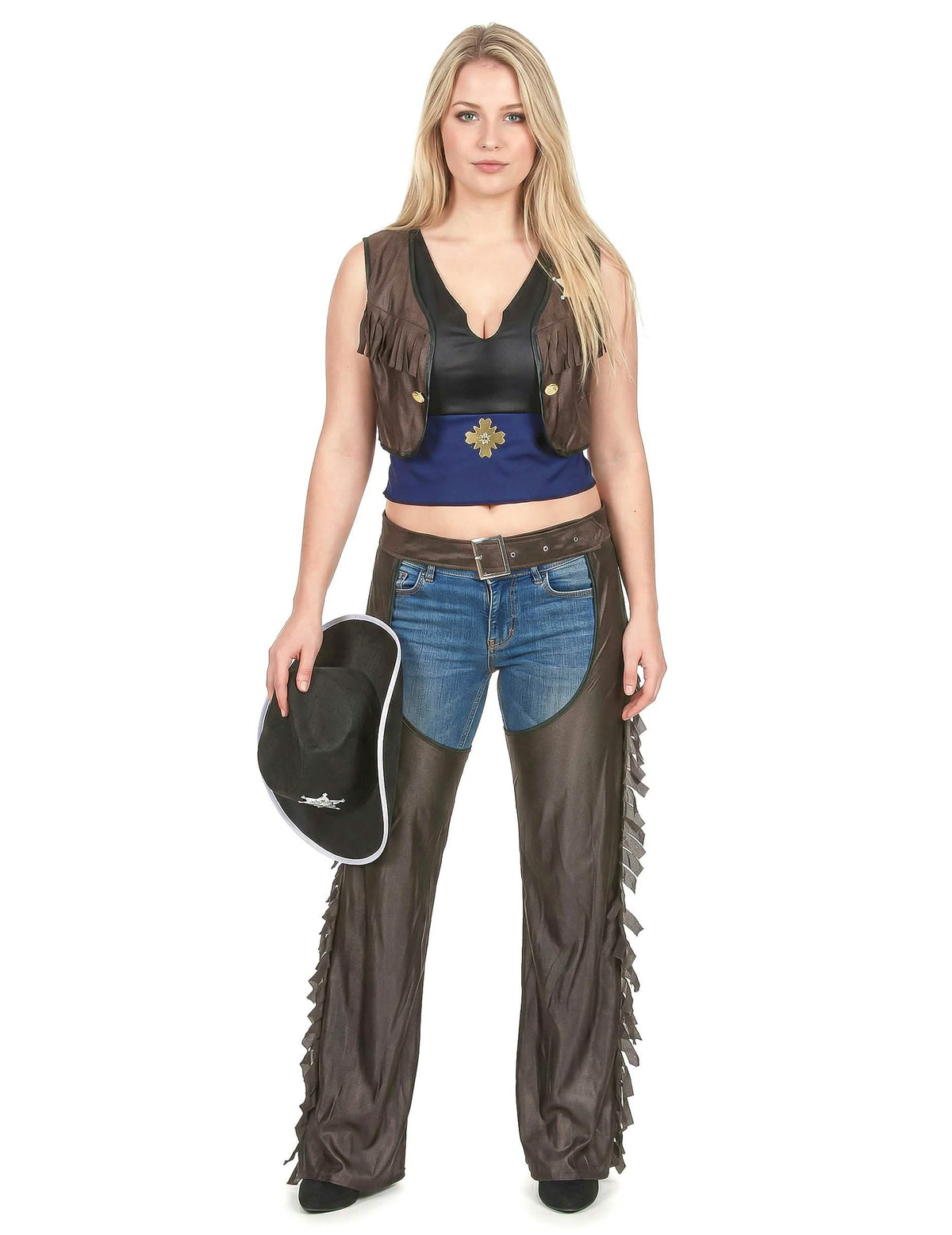 Celkový pohled s kloboukem v ruce na kostým cowgirl