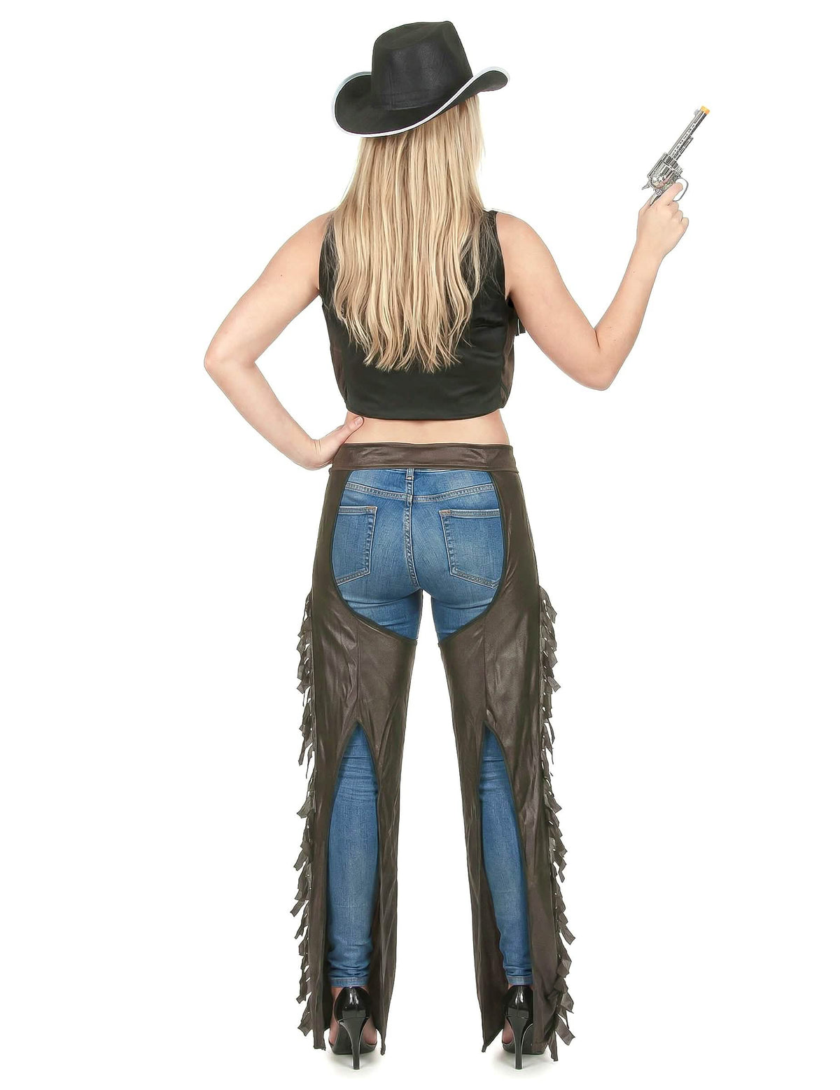 Pohled zezadu na kostým cowgirl