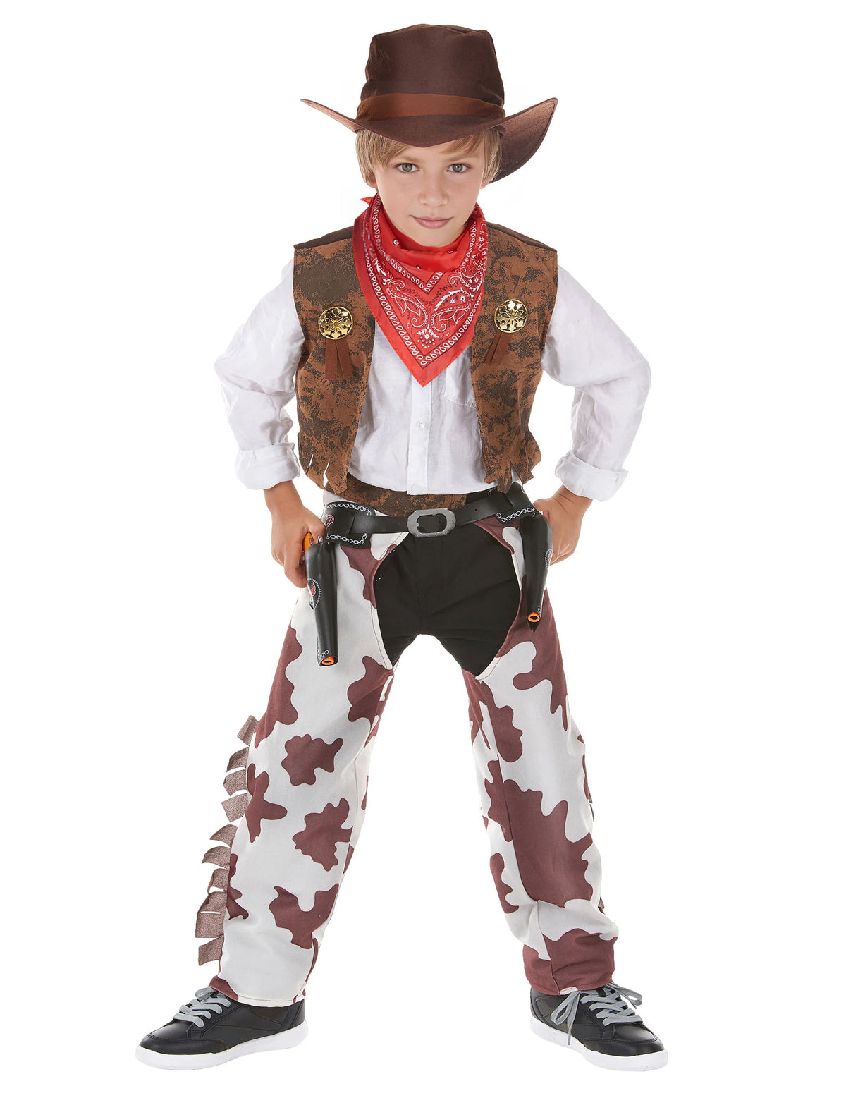 Déguisement cowboy luxe pour garçon marron et blanc motif vache