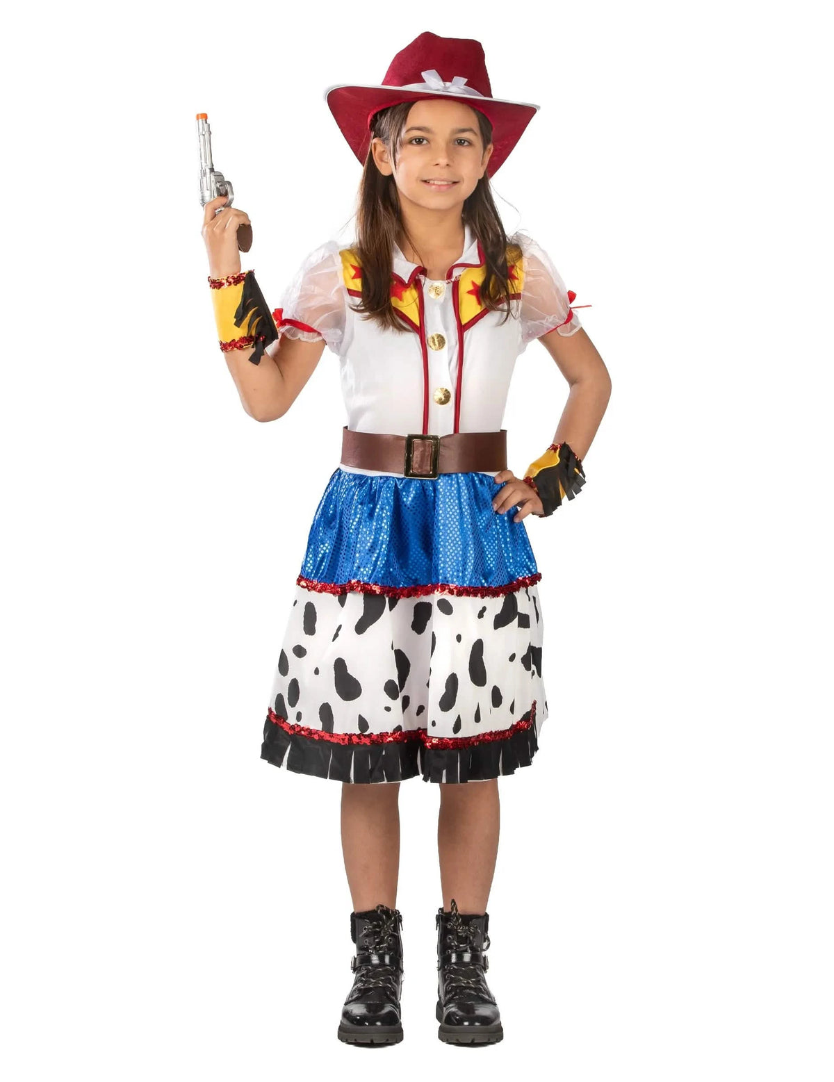 Kreslený kostým cowgirl pro dívku s červeným kloboukem a sukní s motivem krávy