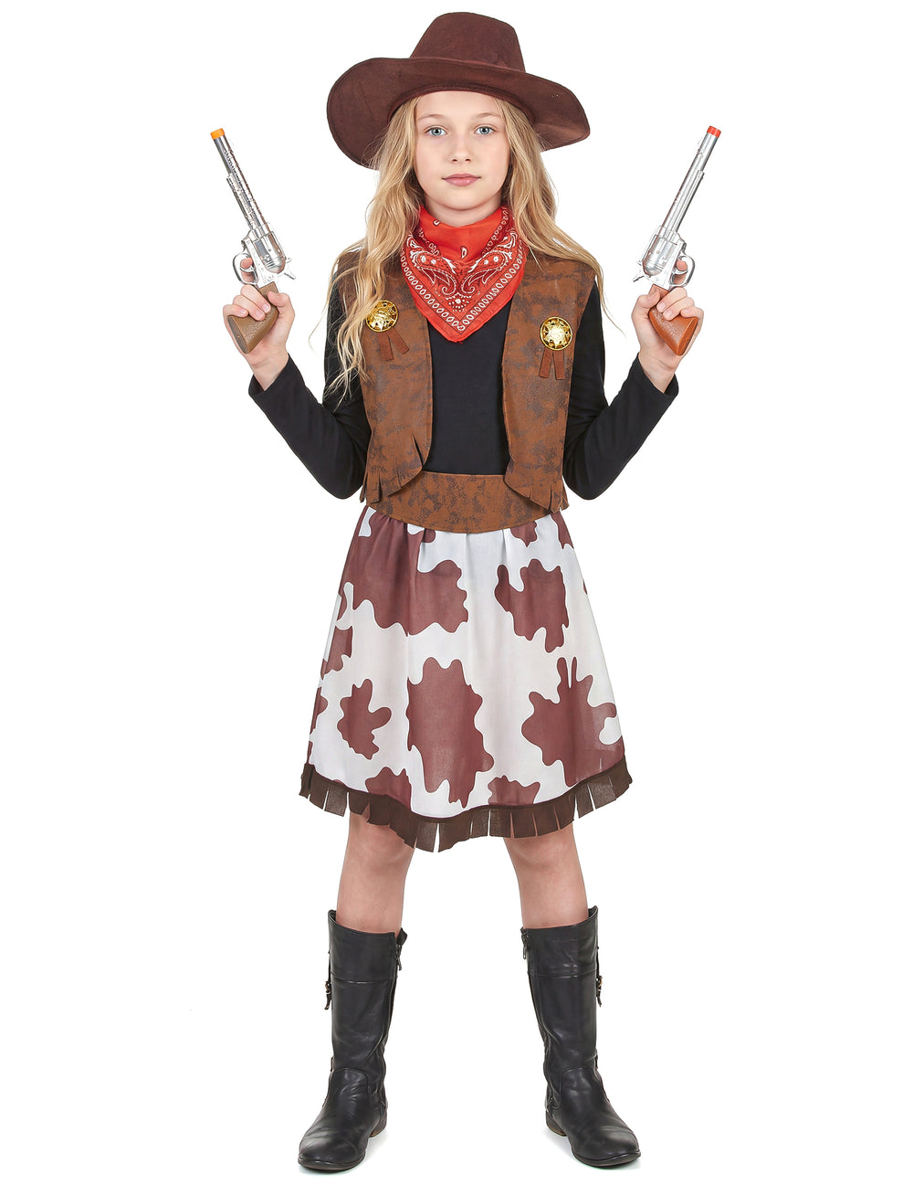 Déguisement cowgirl pour fille marron et blanc avec chapeau et bandana rouge