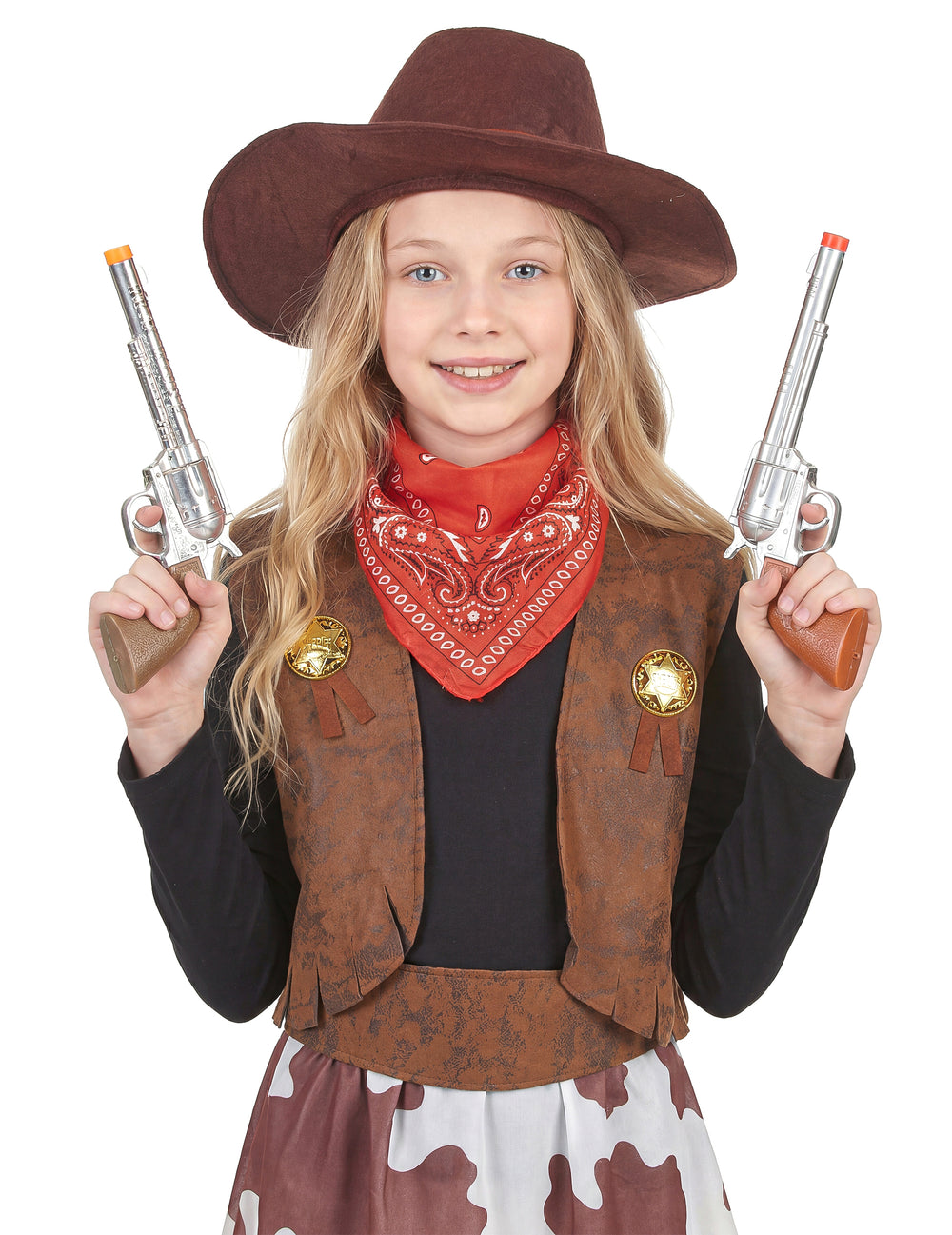 Gros plan sur le buste et les accessoires du déguisement cowgirl pour fille