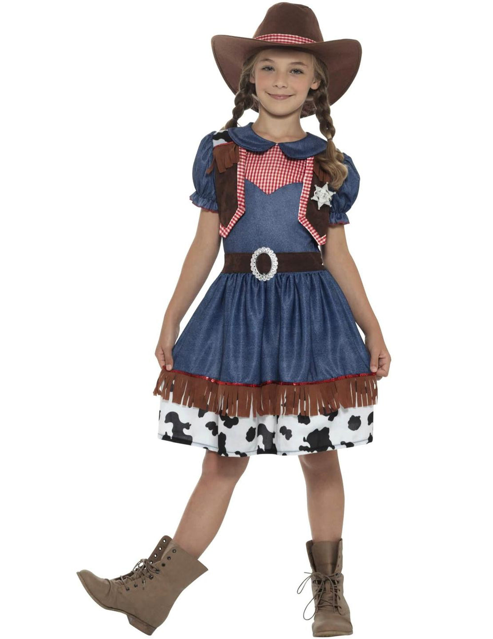 Texaský kostým cowgirl pro dívka modrá a červená s potiskem kráva a kloboukem