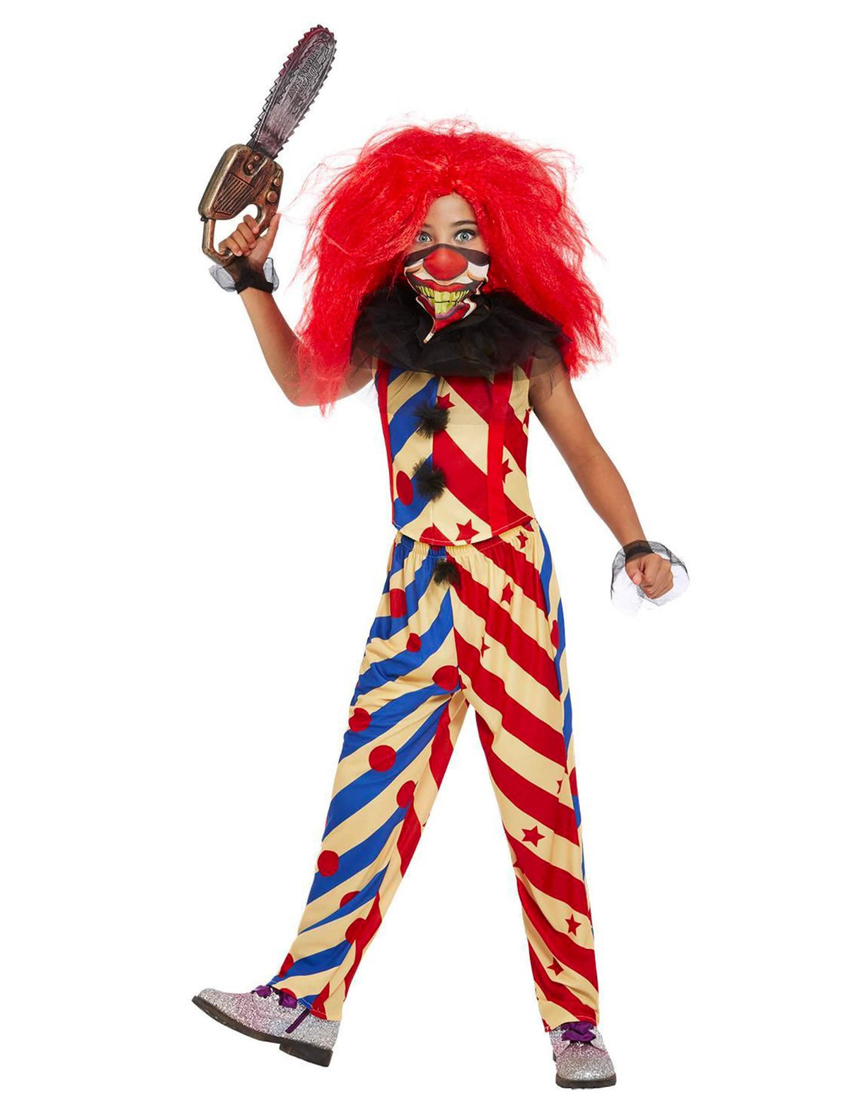 Příslušenství k motorové pile a maska k dvojbarevnému kostýmu creepy clown pro dívka