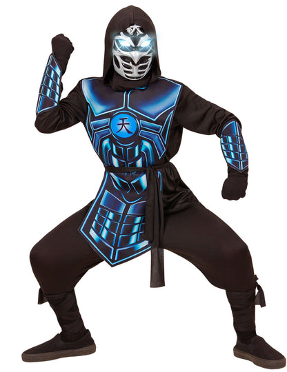 Déguisement de cyber ninja lumineux et sonore pour enfant noir et bleu