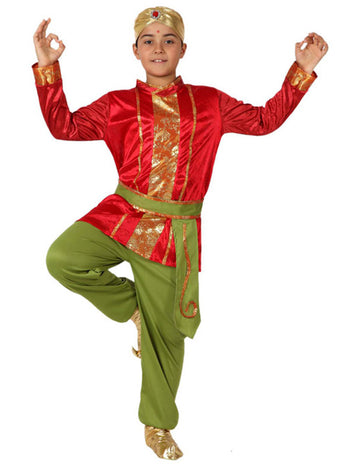 Déguisement indien pour garçon rouge et vert avec turban doré