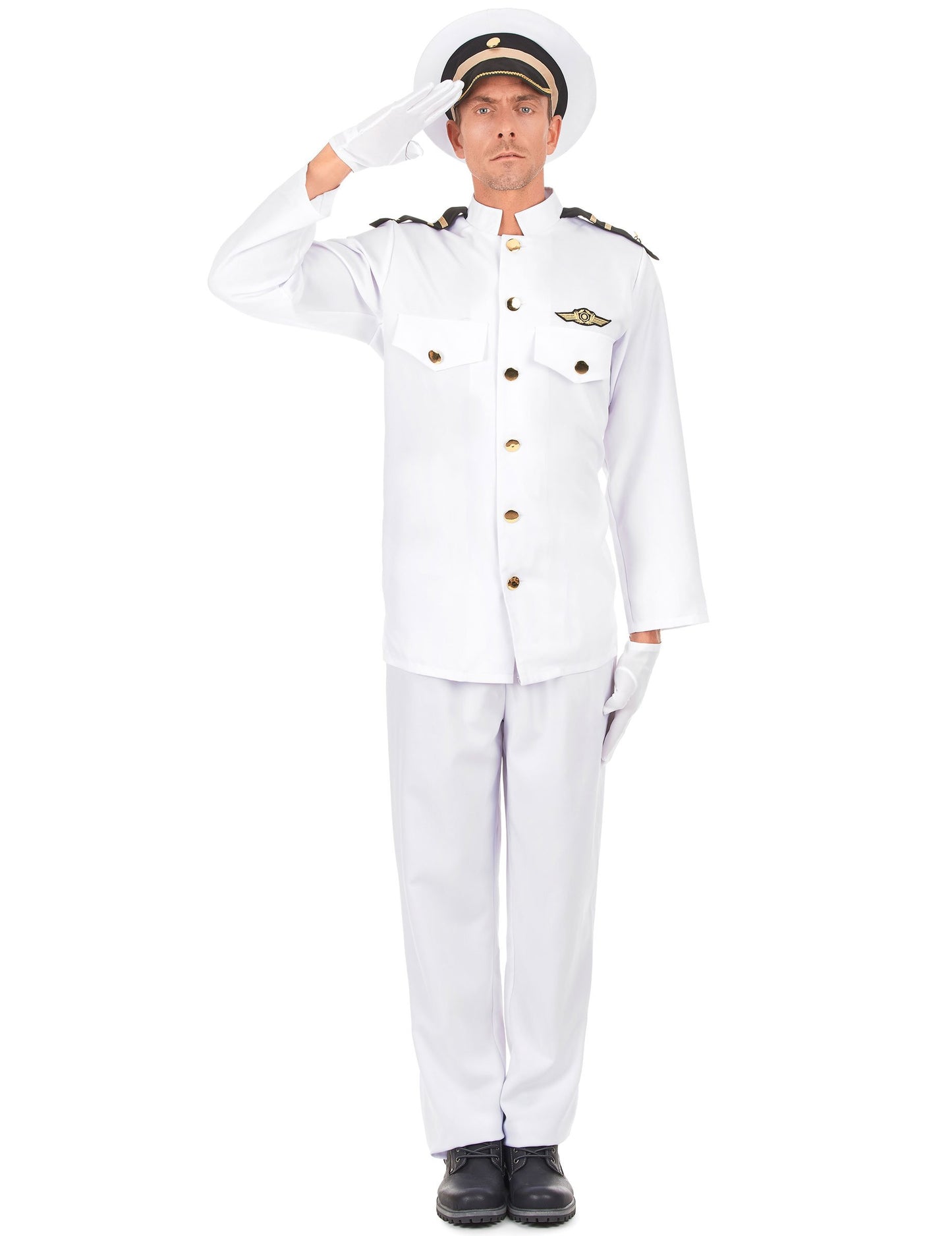 Déguisement uniforme d'officier de la marine pour homme blanc avec casquette et gants