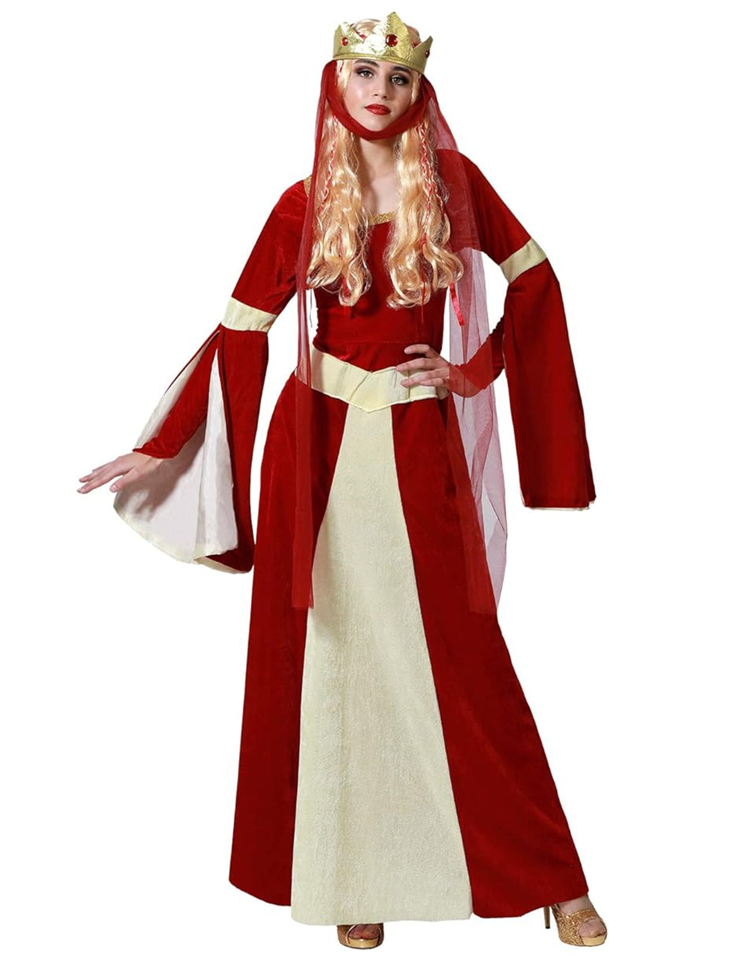 Dámský kostým středověké dámy v červené a zlaté barvě