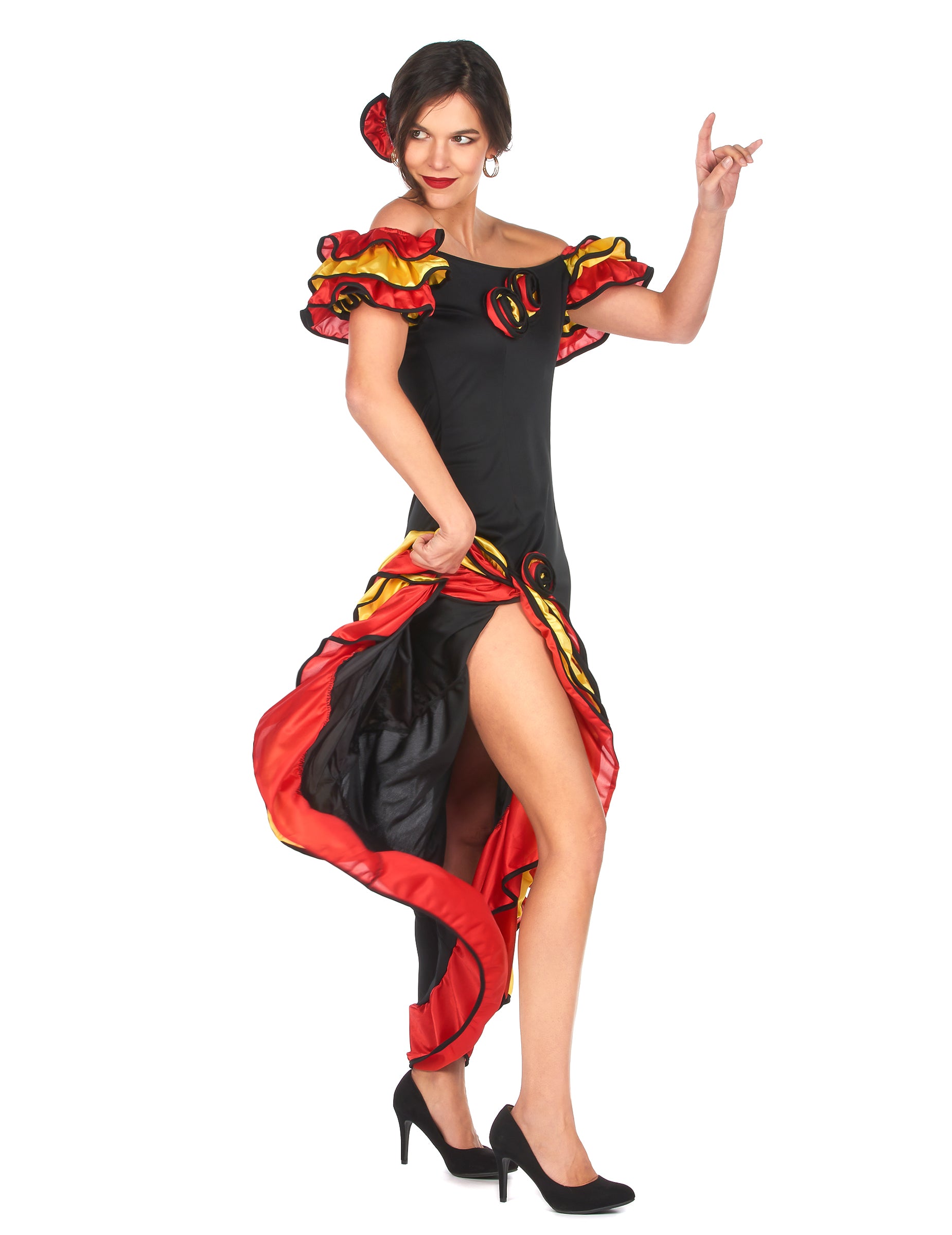 Déguisement danseuse flamenco pour femme noir rouge et jaune