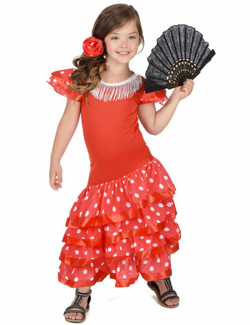 Dívčí kostým flamencové tanečnice s bílými puntíky v červené barvě