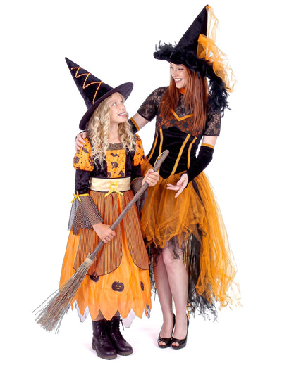 Kostým čarodějnice pro matku a dceru oranžový Halloween