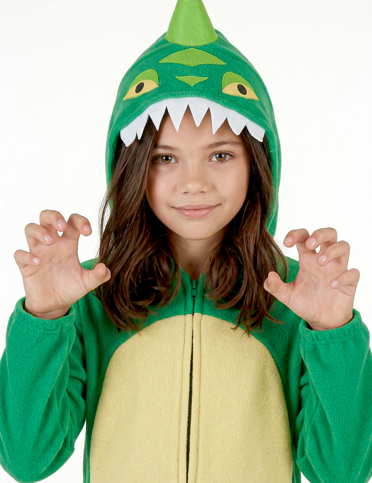 Gros plan sur la capuche et les mains en griffes du déguisement de dinosaure pour enfant
