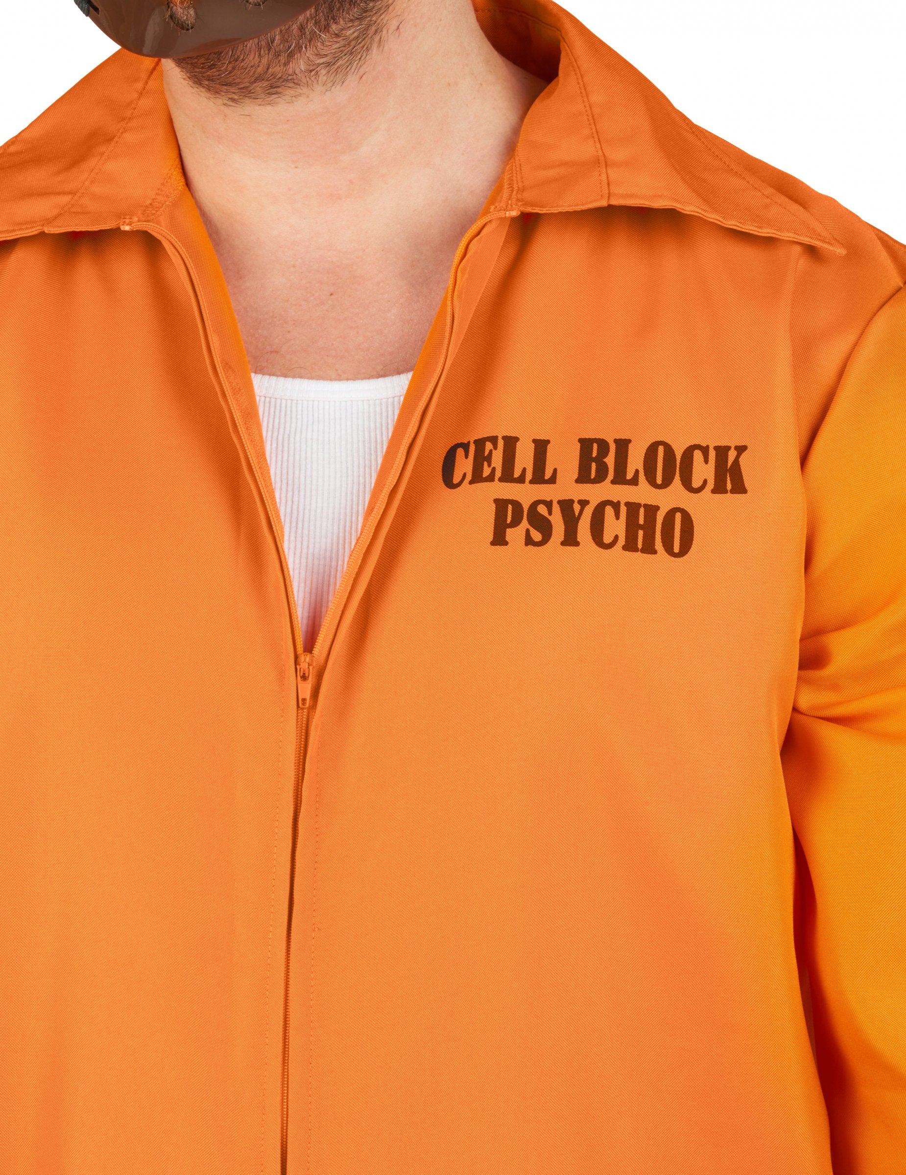 Détail de l'inscription Cell Block Psycho du déguisement de prisonnier cannibale pour homme