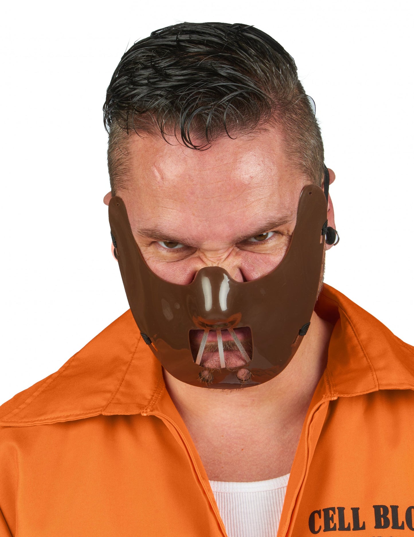 Gros plan sur le masque du déguisement de prisonnier cannibale pour homme