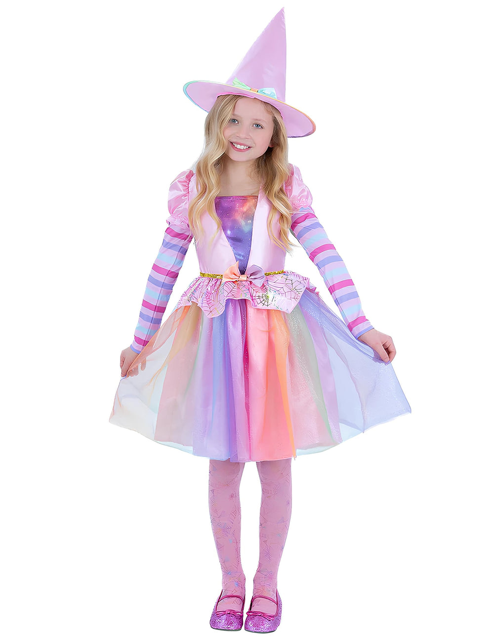 Déguisement de sorcière Arc-en-ciel Pastel pour fille rose et multicolore avec chapeau