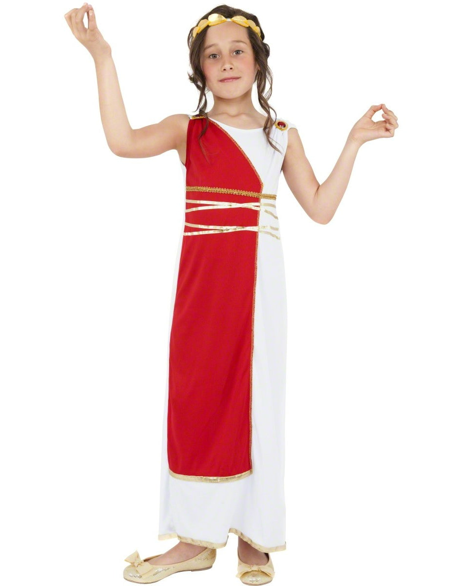 Déguisement de déesse romaine pour fille rouge et blanche avec bandeau doré