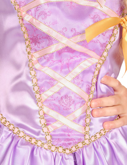 Détail du laçage et des motifs à paillettes du déguisement deluxe Raiponce