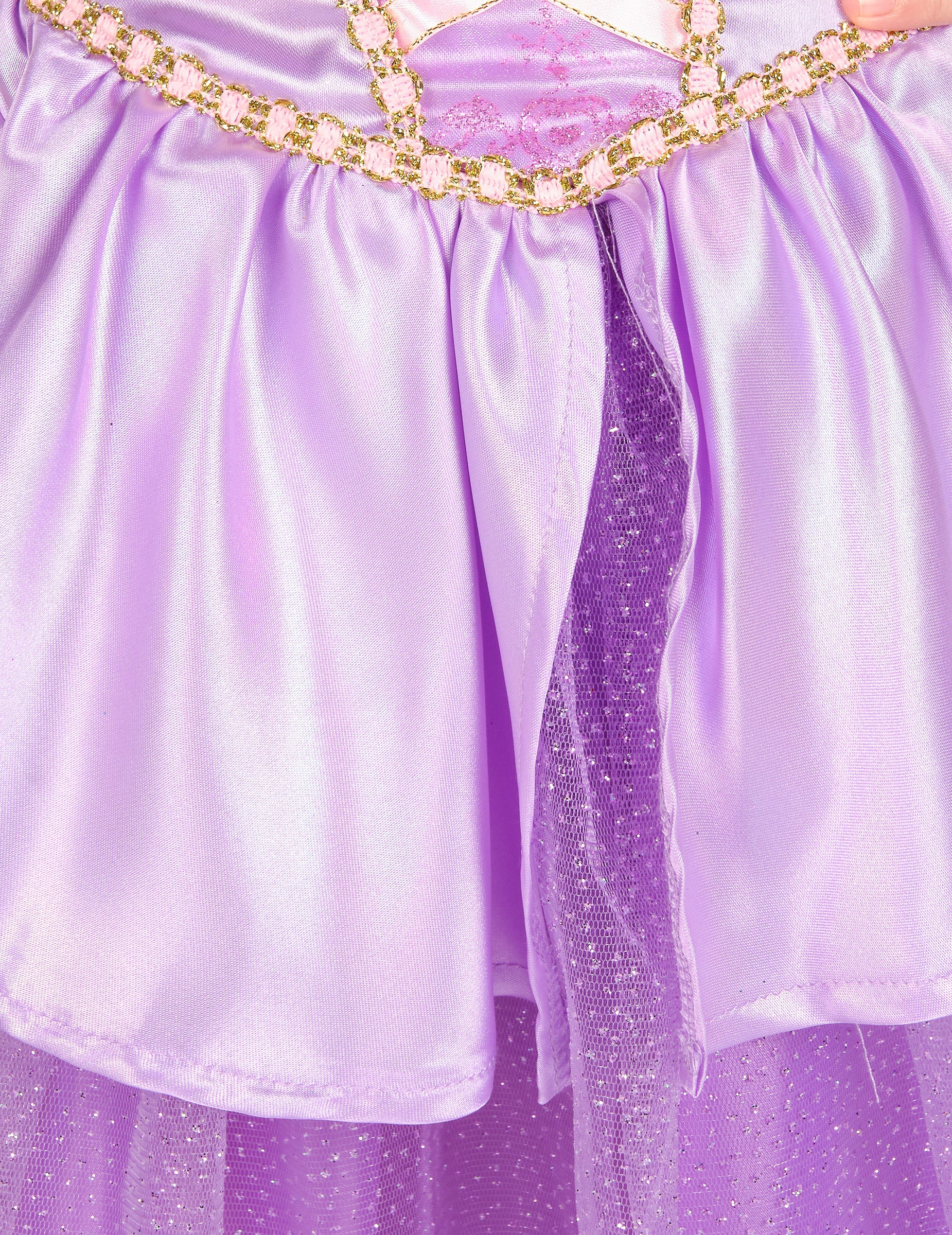 Détail de la jupe en satin et du jupon à paillettes du déguisement deluxe Raiponce