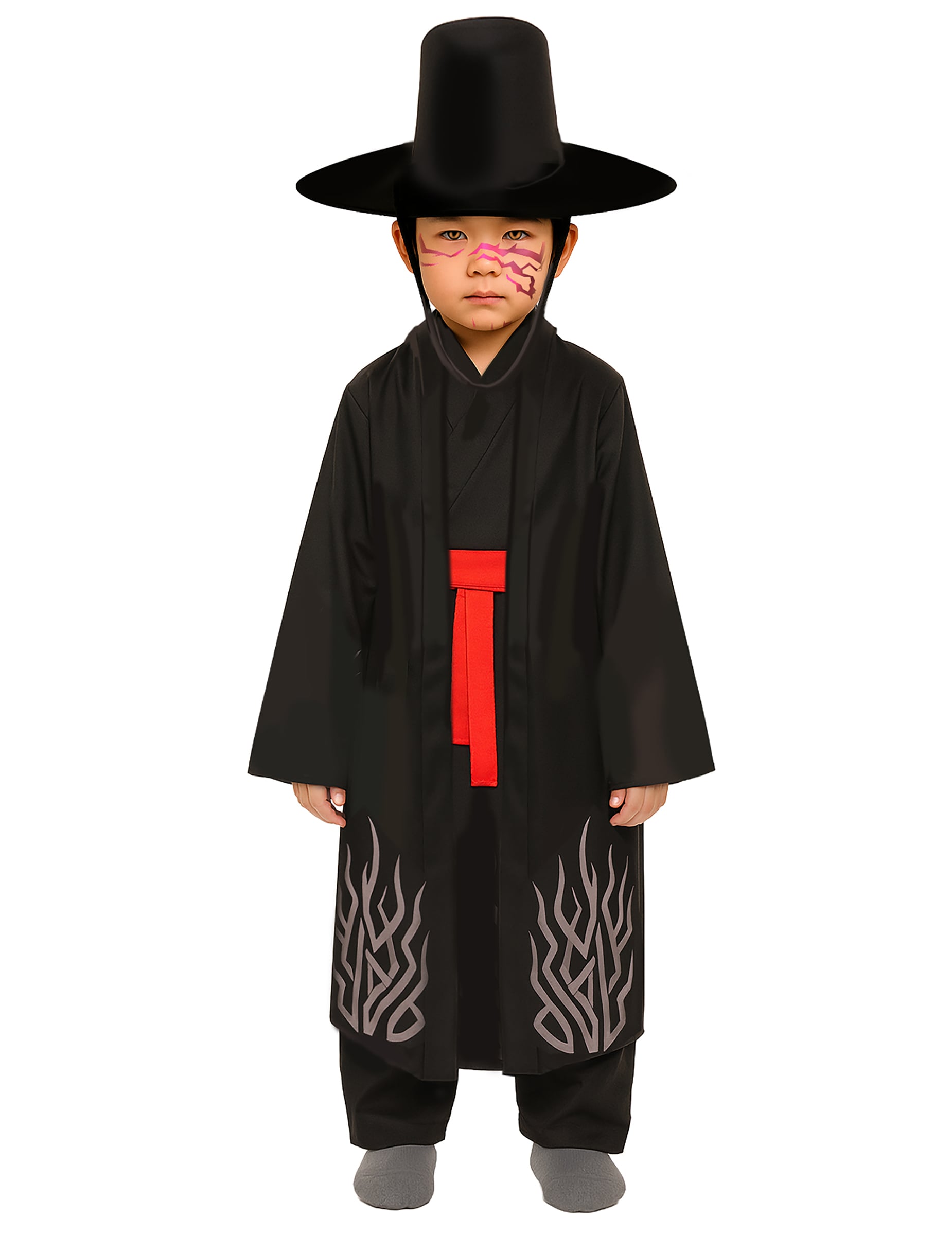 Déguisement démon possédé pour enfant noir avec ceinture rouge et chapeau haut de forme