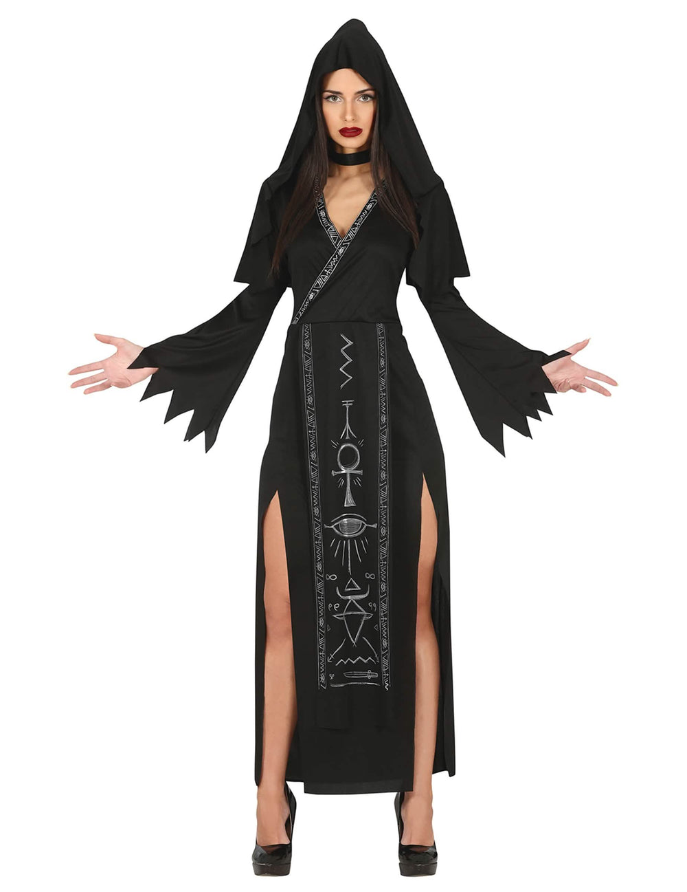 Déguisement démon satanique pour femme noir avec symboles occultes et capuche