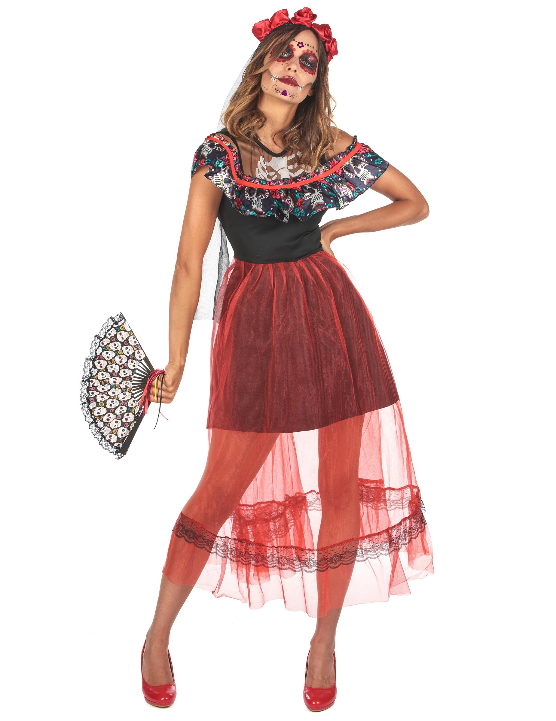 Déguisement Dia de los Muertos pour femme noir et rouge avec voile et fleurs