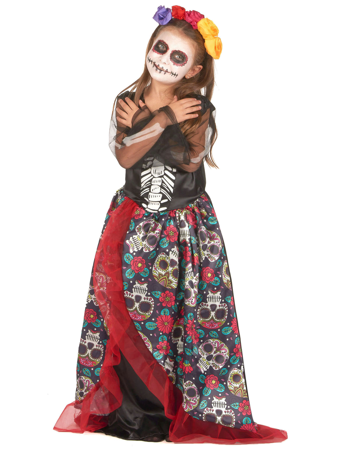 Vue de face avec les bras croisés du déguisement Dia de los muertos fleuri