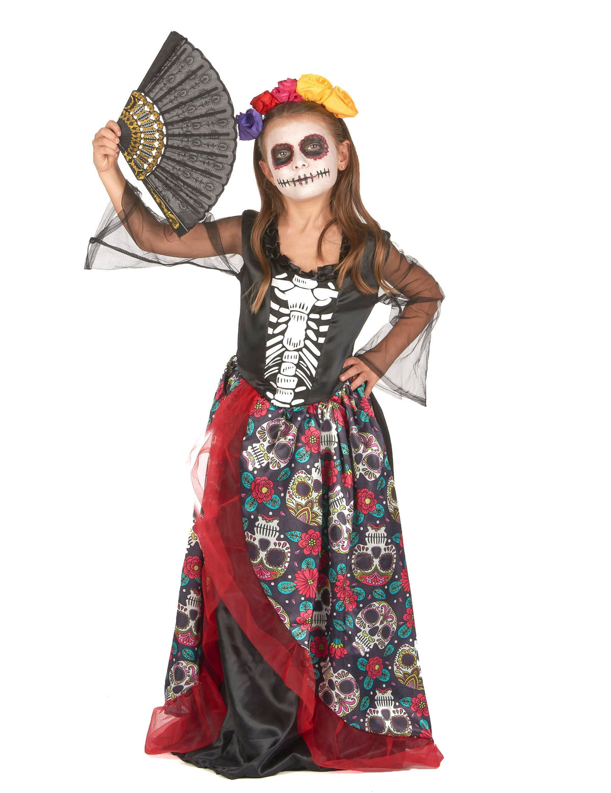 Vue de face avec éventail noir du déguisement Dia de los muertos fleuri