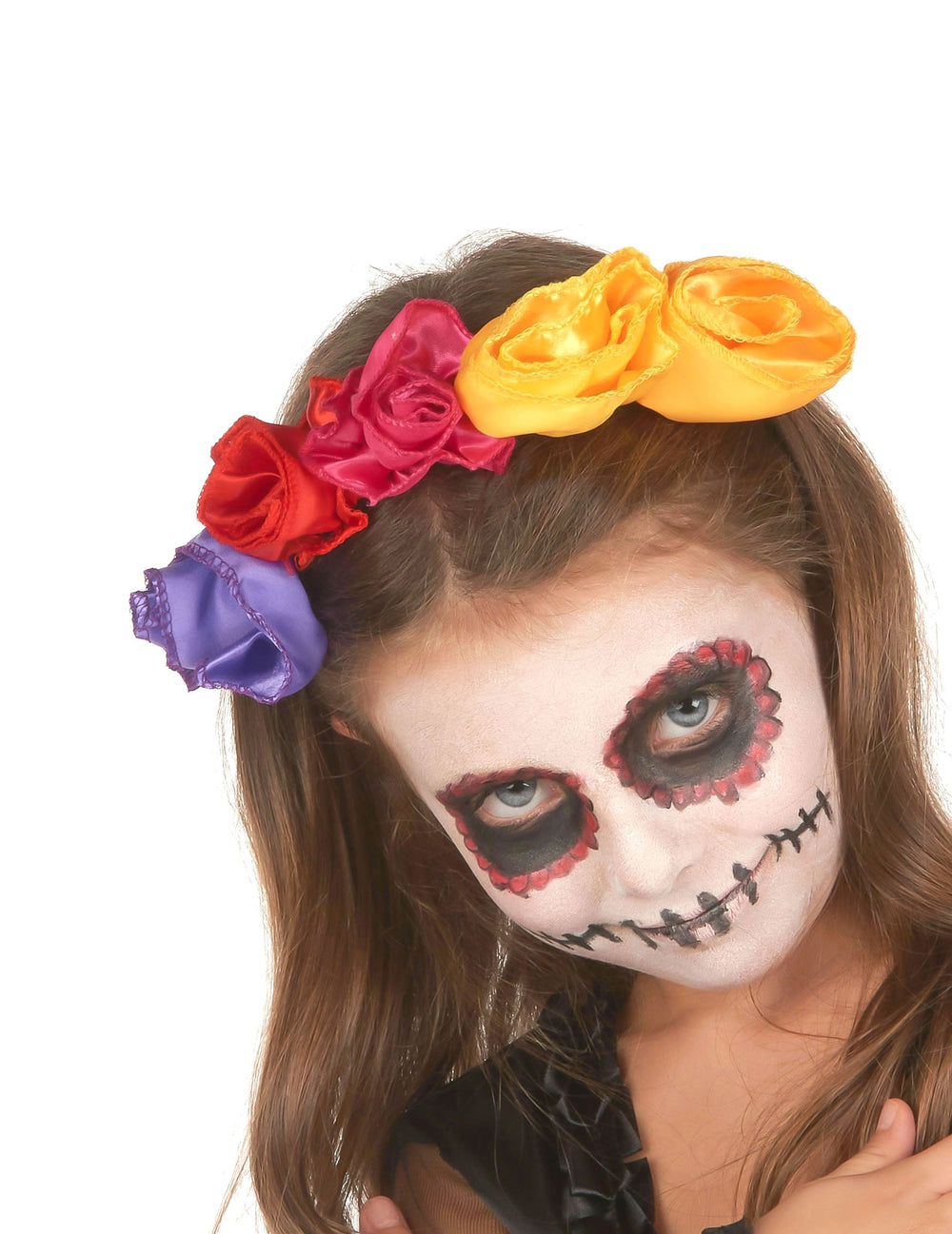 Détail du maquillage et serre-tête à fleurs du déguisement Dia de los muertos fleuri pour fille