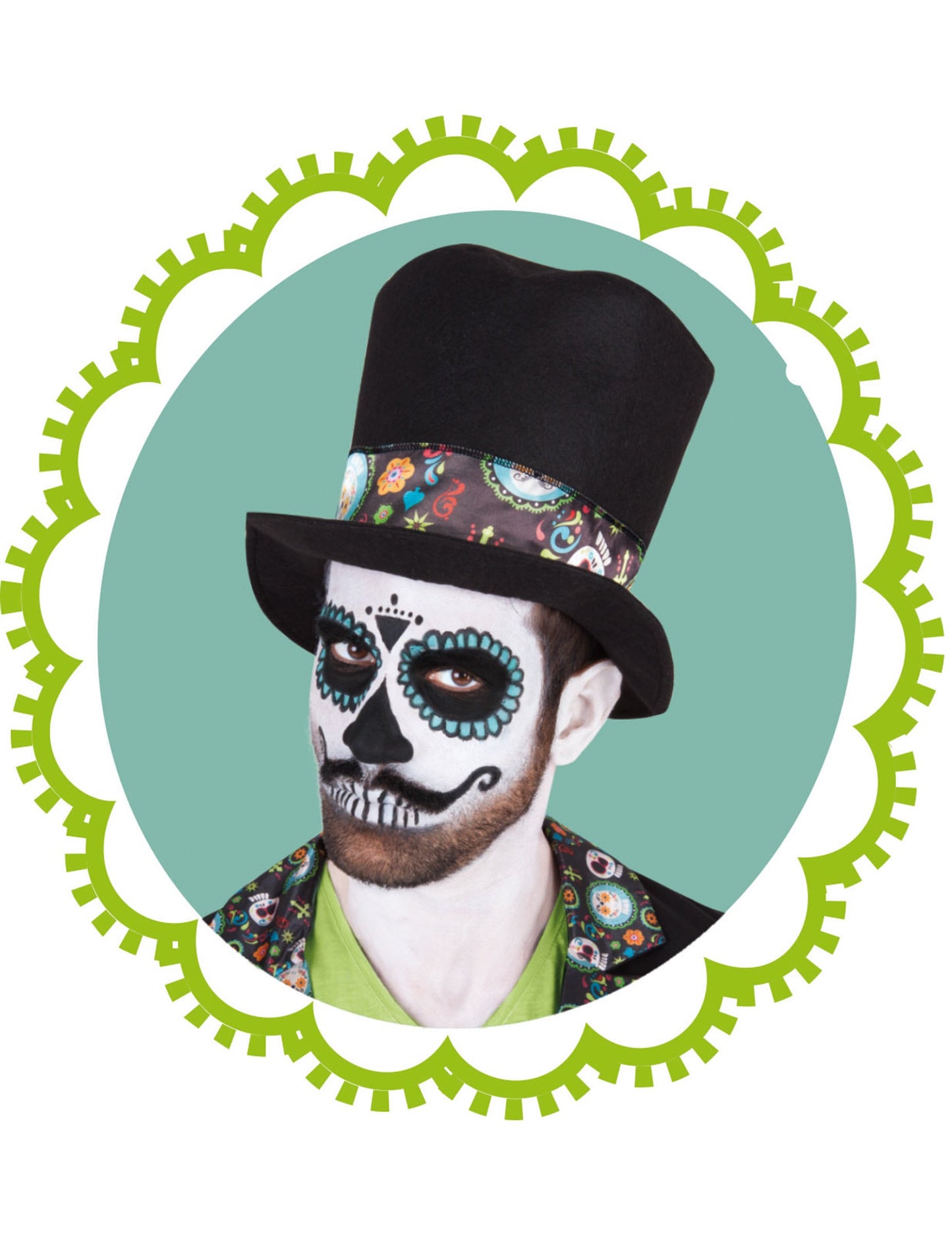 Gros plan sur le maquillage du déguisement Dia de los muertos pour homme