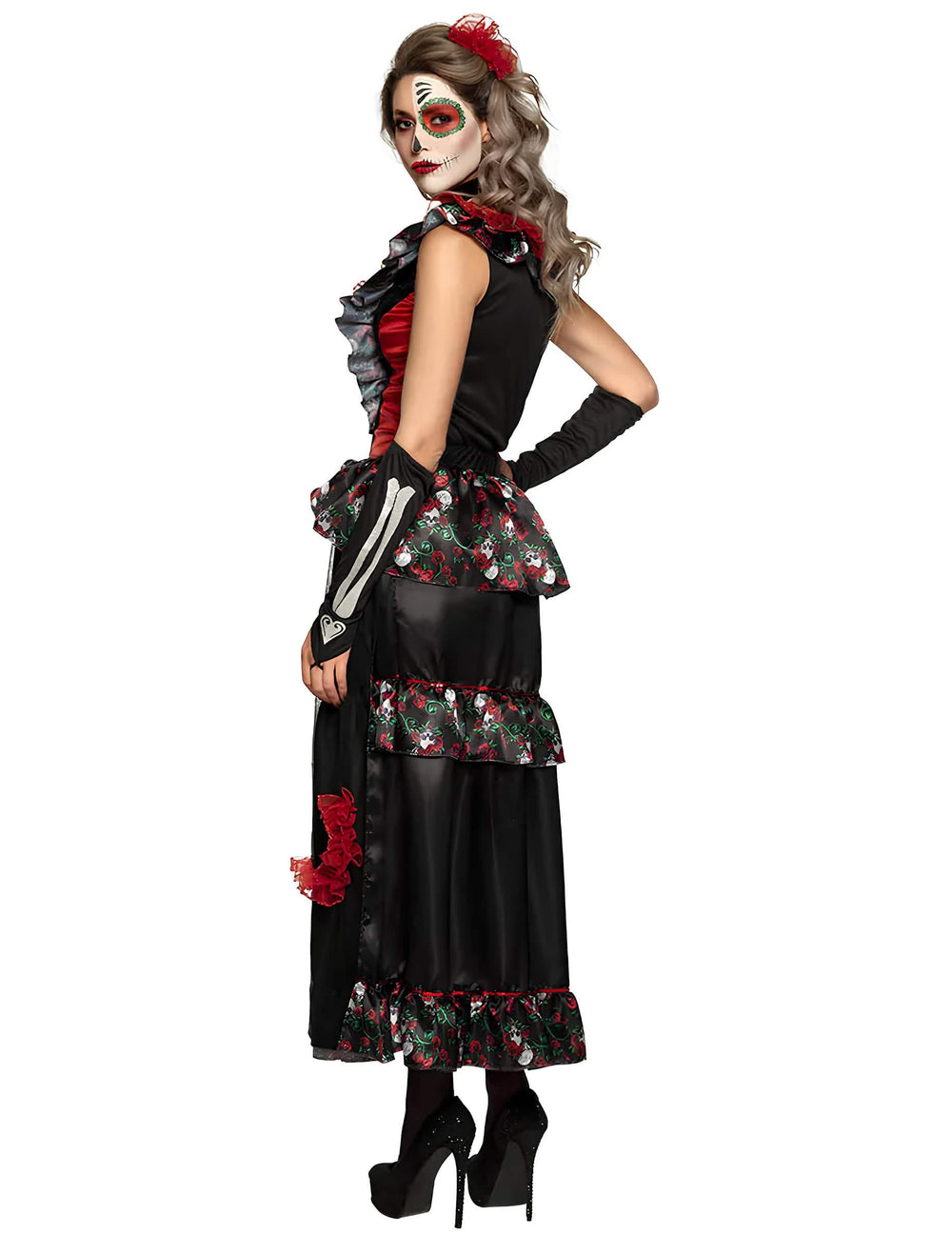 Zadní pohled na dámský kostým dia de los muertos