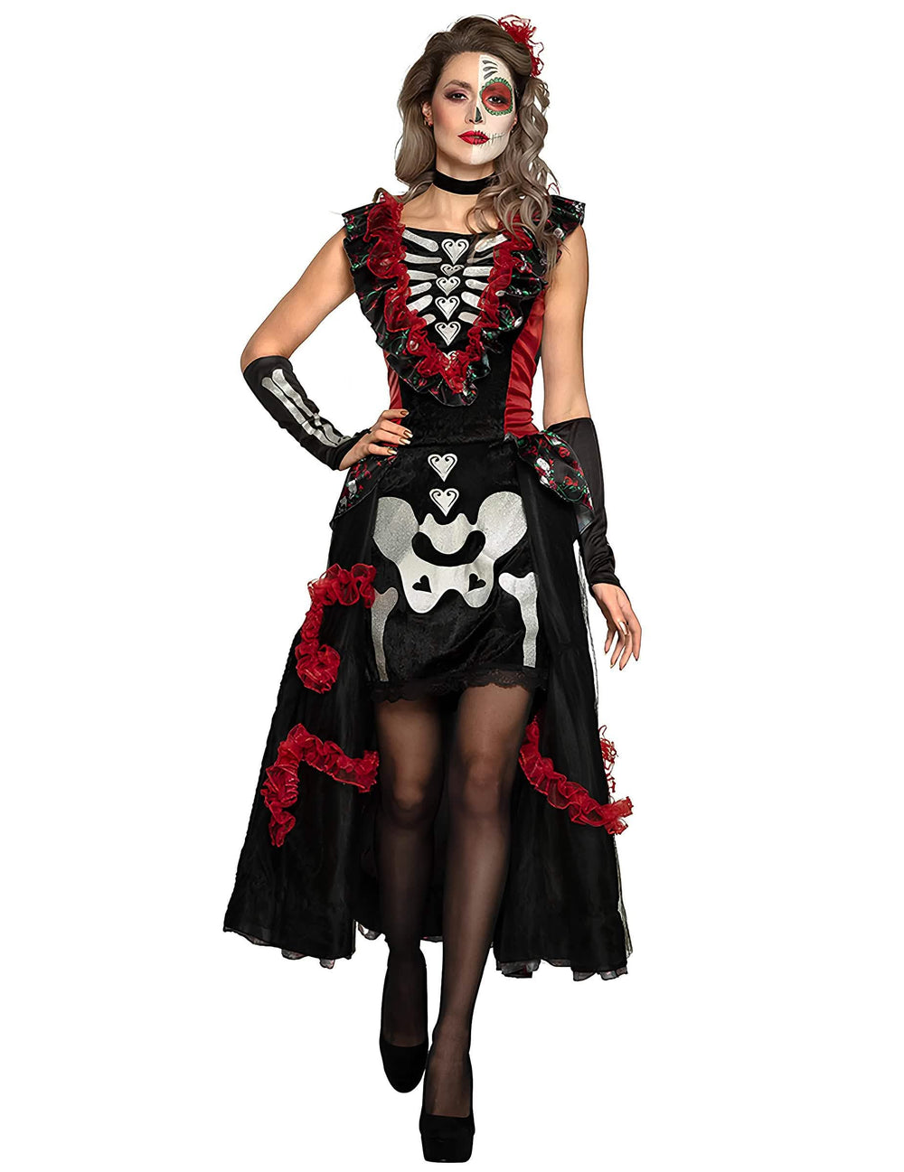 Kostým dia de los muertos pro ženu černá a červená se spodničkou