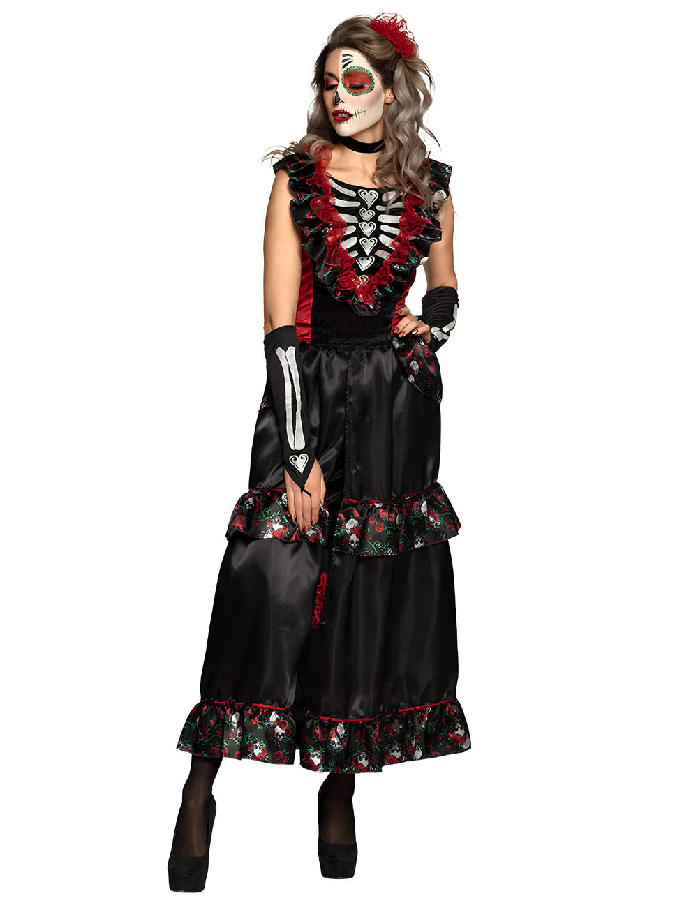 Pohled zepředu na kostým dia de los muertos pro ženu