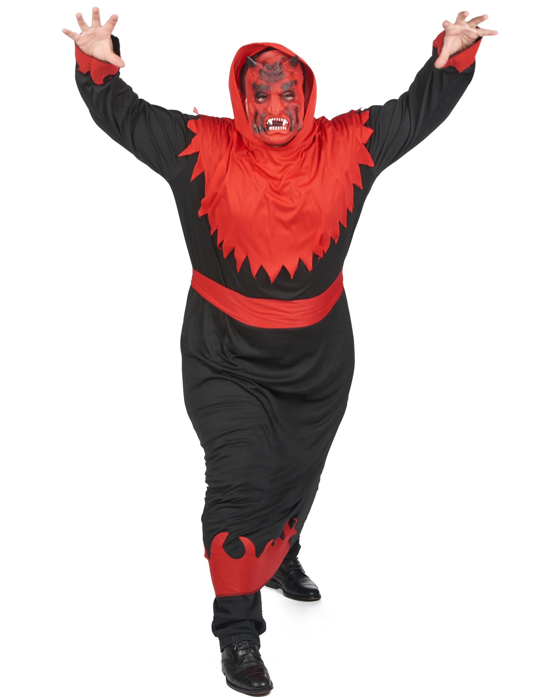 Vue de face les bras levés du déguisement de diable des enfers